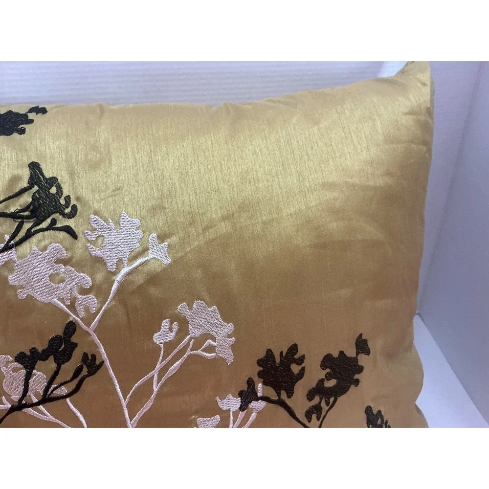 Gold Faux Silk Embroidered Floral Branch Throw Pillow 16x16 Modern